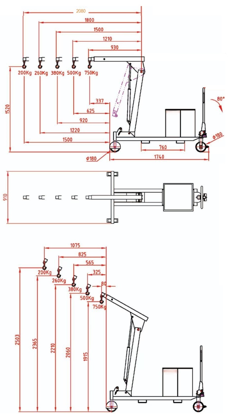 Grua contrapesada larga plegable